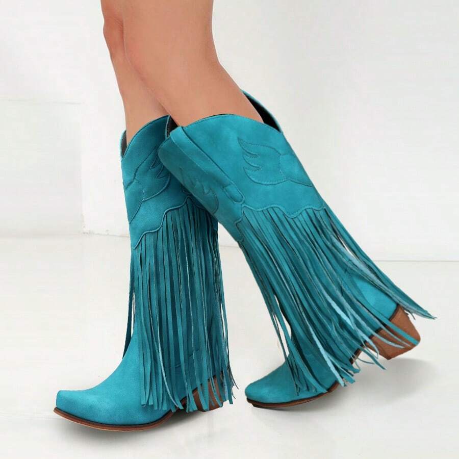 Women Fringe Cowboy Boots Square Toe Mid Calf Embroidered Western Boots,Tassel Cowgirl Boots Stacked Heel Retro Boots, Carnival Music Festival Concert Cowboy Boots - 藍色 - 查看 1