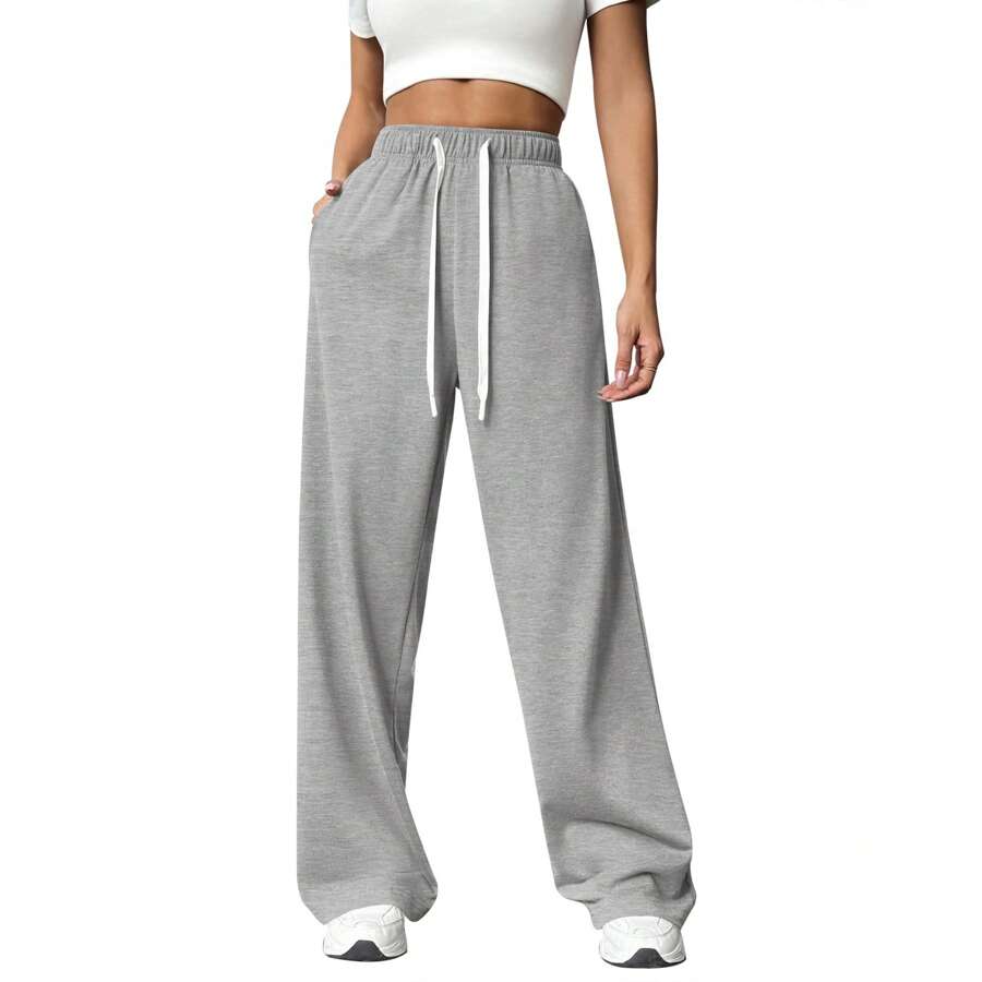 Womens Basics Sweatpants Tracksuit Gym Women Clothes Airport Women Outfits With Pockets Joggers Lounge Trousers - Màu Xám nhạt - Xem 1