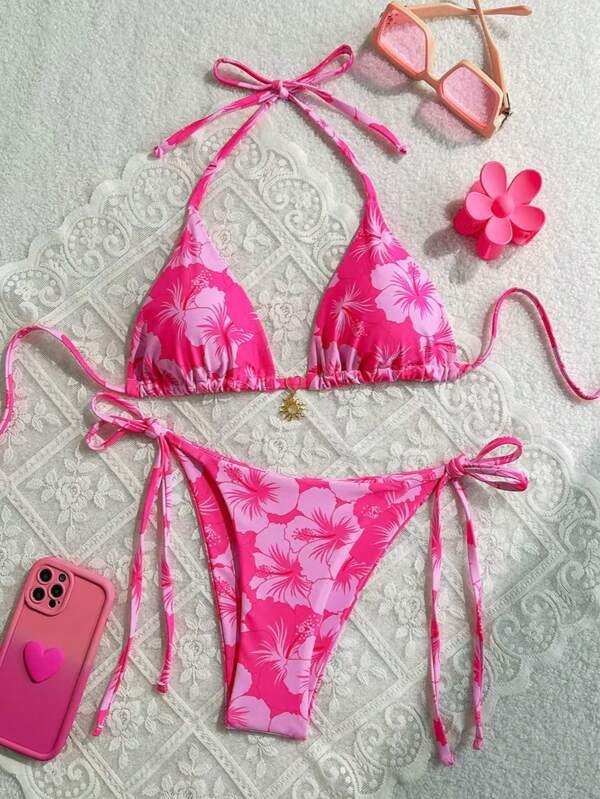 2025 New Women's Floral Print Halter Tie Sexy Bikini Set, Summer Beach Swimming Suit