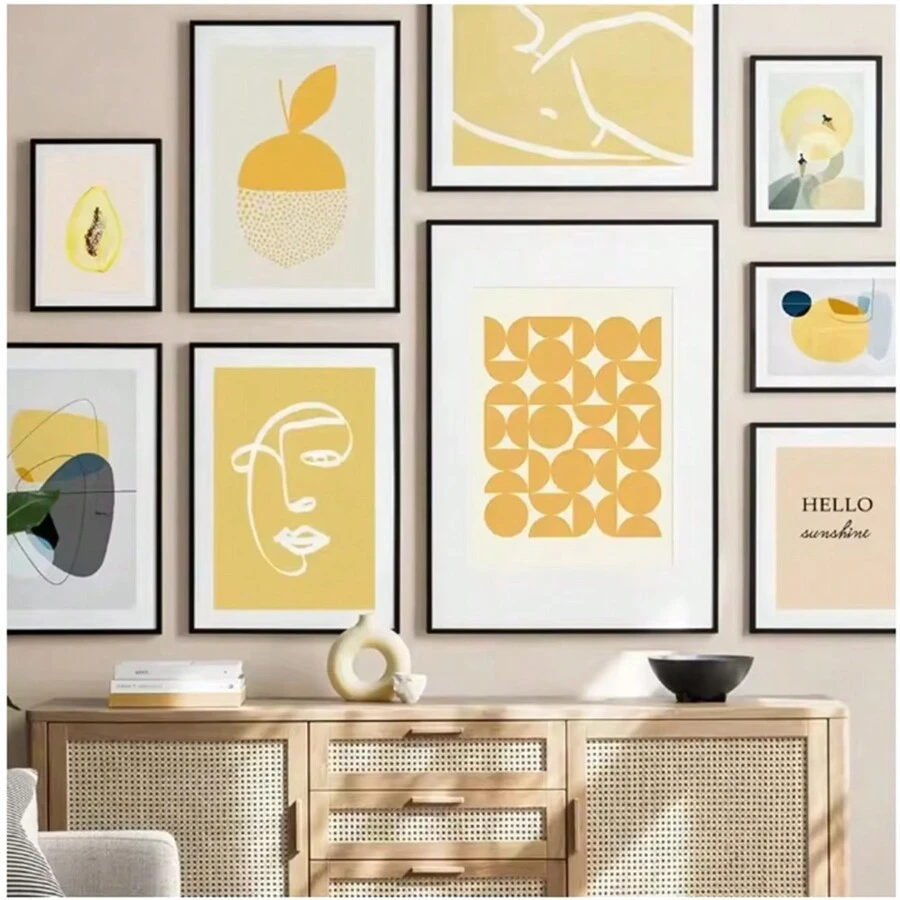 1 pezzo Stampa artistica moderna su tela con disegni geometrici astratti e grafici gialli, poster per galleria, opere d'arte da parete per la decorazione della casa, senza cornice - Multicolore - Visualizzare 1