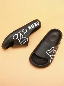 1 双儿童可爱熊图案 EVA 平底凉鞋，简约风格适合所有季节、沙滩、淋浴、休闲穿着 - 黑色 - 查看 2