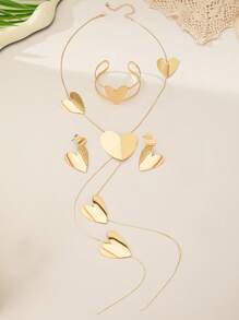 1 pieza/set de elegante y encantador juego de joyas dorado con forma de corazón que incluye aretes, pulsera y collar. Collar con llamativa cadena dorada en forma de Y y borlas, adecuado para mujeres en fiestas, eventos, uso diario y como regalo para ocasiones festivas