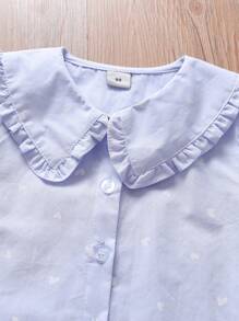 年轻女孩心形印花翻领短袖衬衫 - 藍色 - 查看 3