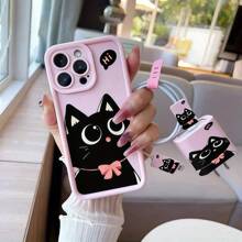 5 件/套黑猫粉色蝴蝶结手机壳 + 数据线保护套 兼容 Apple 快速充电线，兼容 iPhone11/12/13/13Promax/14/14Pro/14Plus/14Promax/15/15Pro/16/16Plus/16Promax/16Pro/15Promax XR XSM 保护壳套装 - 彩色 - 查看 3