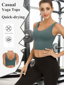 女式长款运动胸罩：V 领无袖长款健身短款上衣，内置胸罩，适合瑜伽、健身房、健身、跑步、女士压缩运动服、女式长款运动胸罩，加长款，自信覆盖。 - 青碧色 - 查看 1