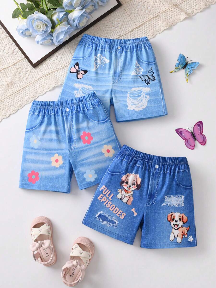3 件套少女夏季狗狗花卉印花牛仔效果短裤 - 藍色 - 查看 1