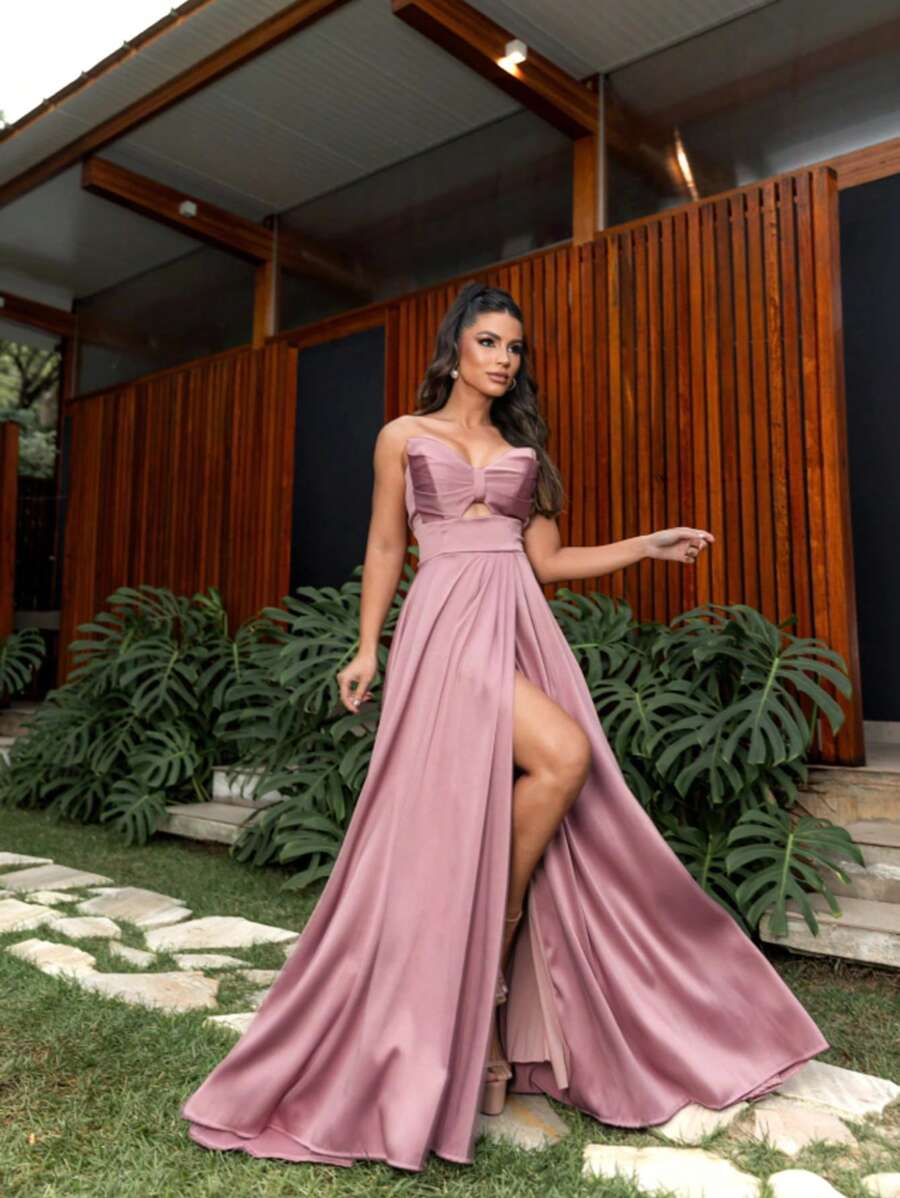 Long Strapless Party Dress With Slit Bow Bridesmaid Civil Wedding Prom Elegant Event - 乾枯玫瑰色 - 查看 1