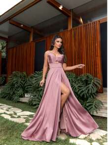 Long Strapless Party Dress With Slit Bow Bridesmaid Civil Wedding Prom Elegant Event - 乾枯玫瑰色 - 查看 2