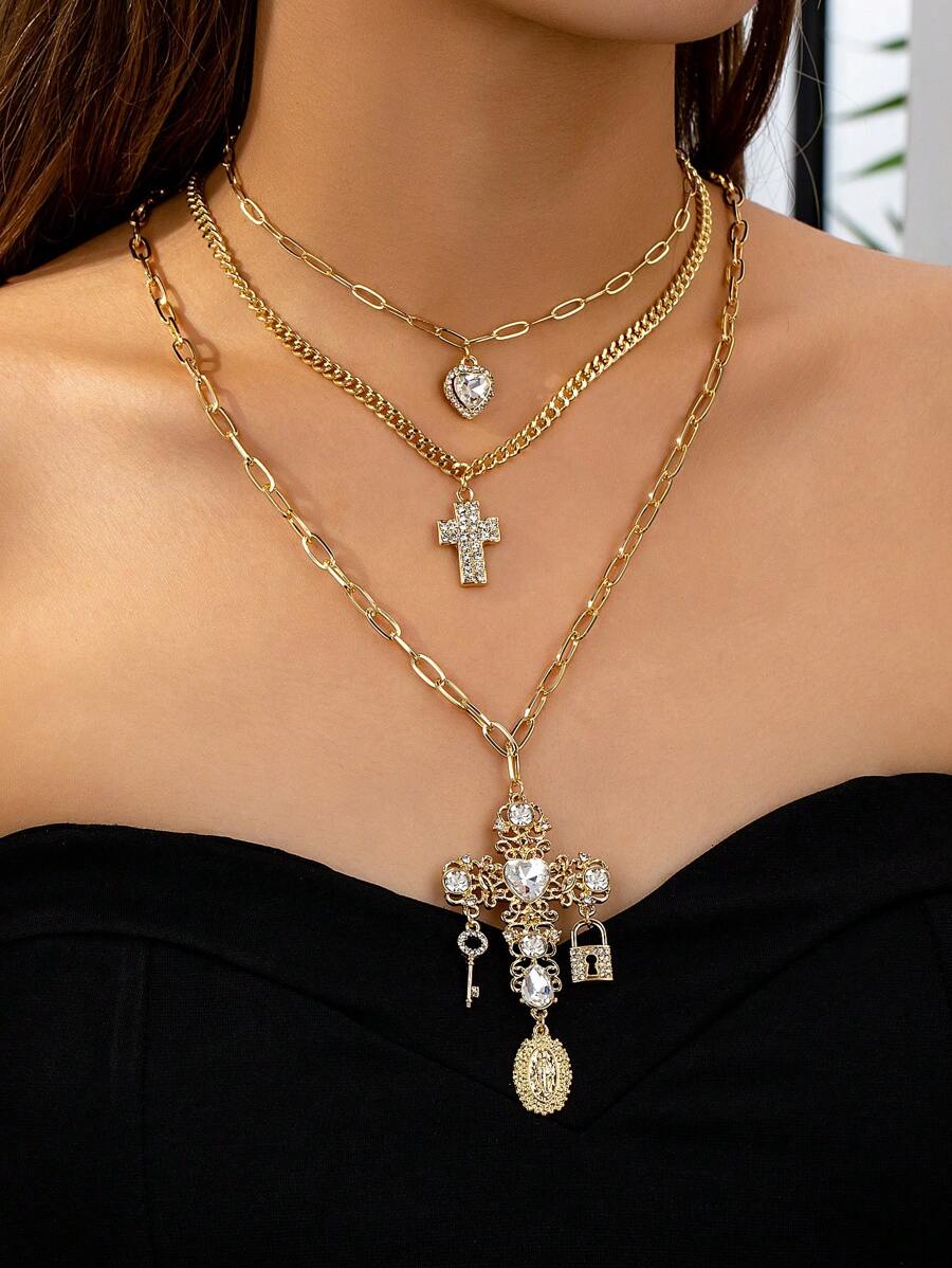 3 件项链套装女式分层链项链吊坠圣母玛利亚吊坠女式时尚项链套装 - 金色 - 查看 1