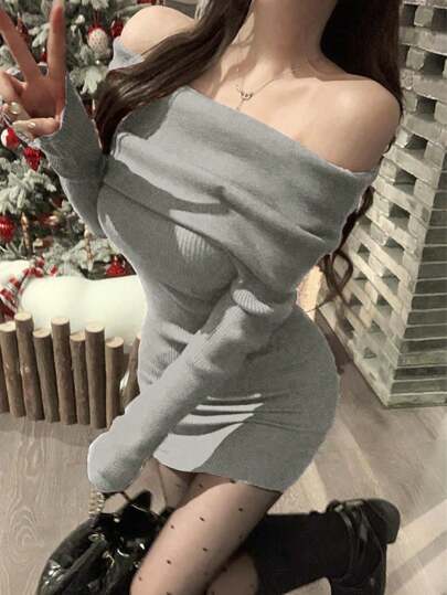Off-Shoulder Solid Color Fitted Knit Dress, Design For Women, Daily Wear