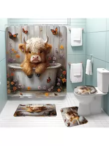 1 pieza/4 piezas Conjunto de cortina de baño con patrón de vaca de las Tierras Altas, cortina de ducha impermeable con alfombra antideslizante, tapa de inodoro y alfombra de baño, instalación fácil con ganchos en C, decoración de otoño para el baño, accesorios de baño de vuelta al colegio