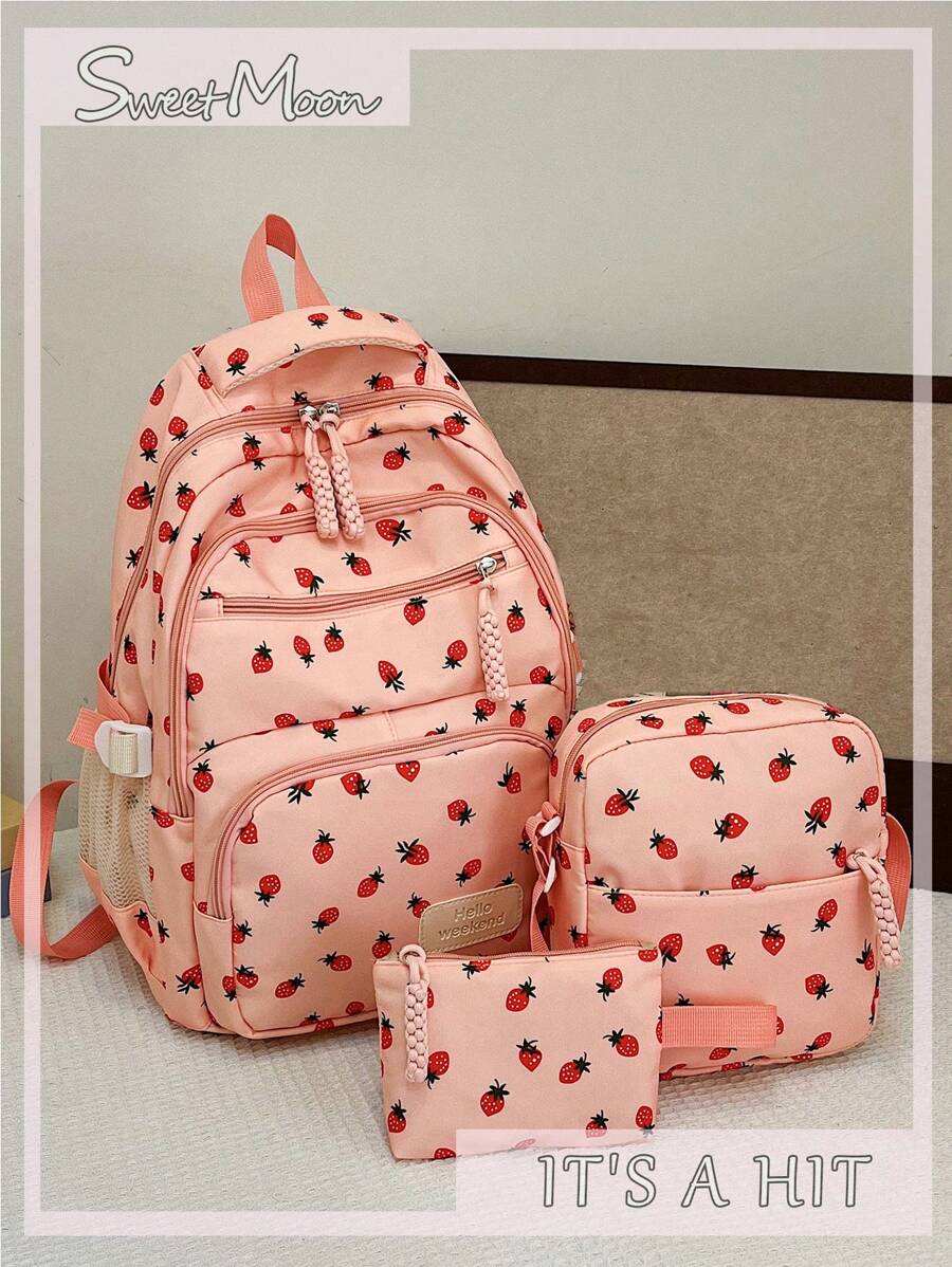 Bộ 3 chiếc ba lô nhiều ngăn gấp gọn bằng vải nylon màu trơn phong cách tươi mới thường ngày họa tiết dâu tây, nơ, anh đào, khóa kéo jacquard, dung tích lớn, thích hợp cho nữ mặc hàng ngày, sinh viên đại học, đào tạo, đi học, mua sắm, du lịch - Hồng - Xem 1