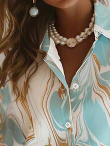 Women's Elegant Geometric Print Casual Shirt - Polyester & Spandex Blend, Button Front With Collar, Machine Washable Spring - Emerald - View 3