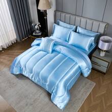 Satin Bed In A Bag 8 Pieces King/Queen Size Silk Like Baby Blue Comforter Set Luxury Silky Bedding Set Soft Lightweight Comforter Set Cooling Sheet Set - Màu xanh nhạt - Xem 4