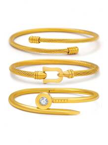 Fashionable Luxury Stainless Steel Clover Bangle Bracelet For Women, Round Flower Design, Suitable For Layering And Gifting - Yellow Gold - View 13