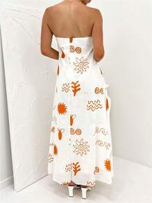 Women's Summer Vacation Beach Sundress Casual Strapless Long Dress Boho Sun Print Sleeveless Loose Tube Long Dress Summer Beach Dresses - Orange - View 4
