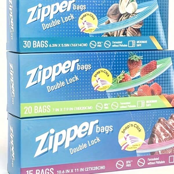 Reusable Plastic Zipper Food Storage Bags - Freezer Safe, Multipurpose Use, Clip-On Closure, Square Container Set (15/20/30 Count, Assorted Sizes), Thick Double Lock Seal Freshness Bags - For Kitchen Organization & Food Preservation - Ideal Gift For Home Cooks & Families
