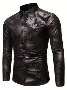Men's Classic Fashion Black Leaf Print Dress Shirt, Radiates Confidence Globally! Designed For Comfort And Style, Long Sleeve Single-Breasted Lapel Shirt, Printed Shirt Creates Versatile Looks. Fashionable Shirt For Men, Easily Handles Various Occasions