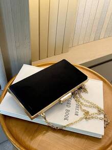 1pc Soft Black Velvet Hardback Clutch With Detachable Chain Strap, High-End Date/Holiday Gift