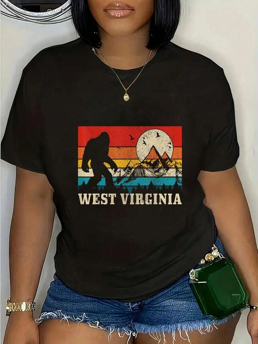 100% Cotton Casual Tshirt West Virginia Washington Bigfoot Vintage Mountain Hiking T-Shirt - màu đen - Xem 1