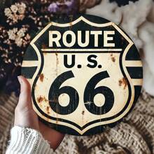 1 pieza Señal de carretera de madera vintage de la Ruta 66, arte de pared estadounidense retro de carretera, placa redonda decorativa para el hogar, bar, cafetería, garaje, casa de campo, estilo de agujero aleatorio