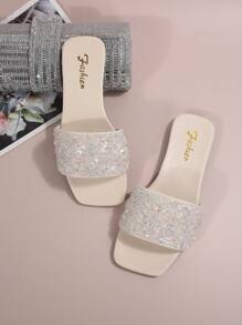 Women's Square Toe Slip-On Sandals With Rhinestone Decor, No-Heel Open Toe Design For Easy On/Off, Comfortable Artificial Suede Flat Shoes For Casual Outings, Suitable For Warm Weather, Versatile.