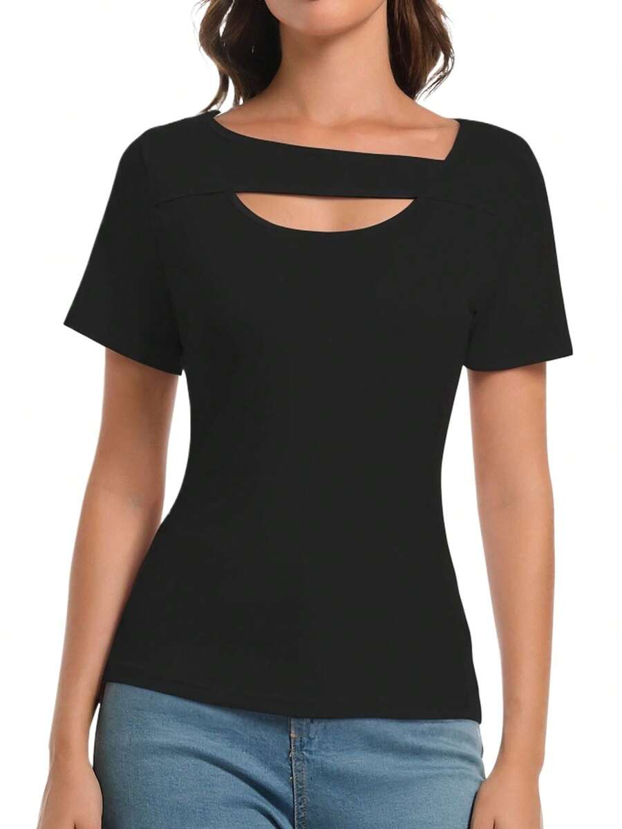 VERACT Womens Summer Short Sleeve T Shirts Knit Slim Fit One Piece Cutout Scoop Neck Going Out Date Night Tops