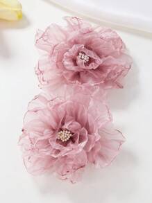 2pcs Girls Faux Chiffon Ruched Floral Hair Clips, Deep Pink Color, Suitable For Daily Wear, Spring/Summer - Pink - View 4