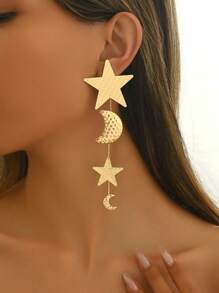 1 Pair Elegant Crescent Moon & Star Long Tassel Earrings, Minimalist & Chic Design For & Islam Eid Celebration