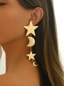 1 Pair Elegant Crescent Moon & Star Long Tassel Earrings, Minimalist & Chic Design For & Islam Eid Celebration