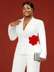 女士白色西装外套配衬里红色 3D 花朵腰带女士办公室优雅工作服上衣长袖节日派对