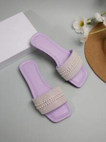 大码女式一脚蹬水钻装饰休闲凉鞋，户外塑料平底拖鞋 - 紫色 - 查看 6