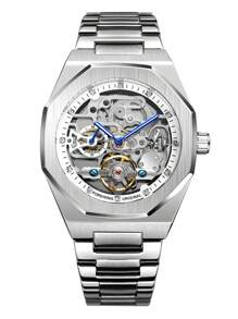 FORSINING 1pc Heren Luxe Tourbillon Skeleton Automatische Mechanische Horloges Roestvrijstalen Band Iced Out Wijzerplaat Lichtgevende Wijzers Mode Zakelijke Casual Heren Horloge Geschenken