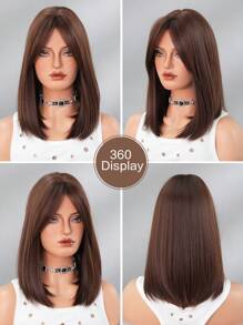 Mocha Brown Bob Wig, Dark Roots, Short Straight Hair, Shoulder-Length, With Bangs, Natural Realistic Look, Heat-Resistant Synthetic Wig, Suitable For Stylish Girls For Daily Wear & Party Occasions, 16 Inches - Mocha Brown - View 7