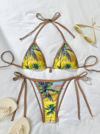 2 件女士热带植物印花波西米亚风格比基尼套装，性感泳装