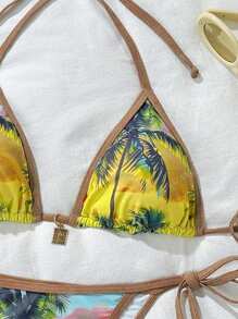 2pcs Women's Tropical Plant Print Bohemian Style Bikini Set, Sexy Swimwear