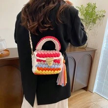 1pc Handwoven Contrast Color Cloth Strap Women Handbag, Colorful Contrast Color Fashionable Casual Tote Bag With Removable Strap & Handle, Spacious Shoulder Bag For Daily Use, Gift For Friends - Multicolor - View 10