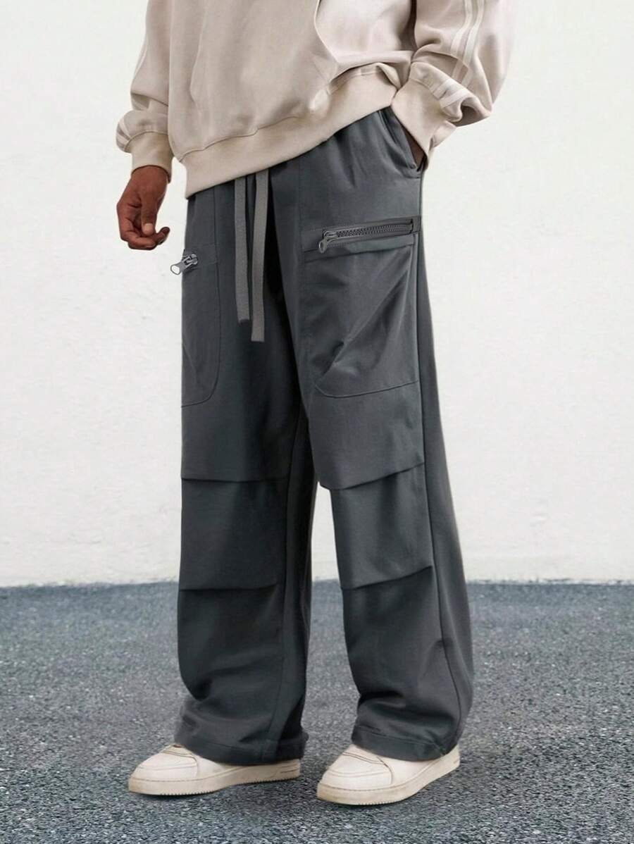 1 pieza Pantalones rectos de carga con bolsillos amplios y cintura elástica, estilo urbano informal de marca estadounidense para hombres