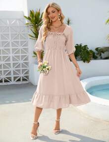 GoyRrbay Women's Sundress Half Sleeve Elastic Square Neck Smocked Ruffle Hem Midi Beach Dress - 杏色 - 查看 4