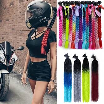 Extensiones de cabello sintético con trenzas de caja estilo casco, con moño, para hacer coleta en el casco de la motocicleta, con ventosa desmontable como accesorio decorativo para casco de motocicleta o bicicleta