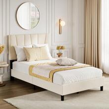 CuisinSmart Twin/Full/Queen/King Size Bed Frame With Headboard,Linen Upholstered Platform Bed With Adjustable Tufted Headboard,Strong Wooden Slats Supports,No Box Spring Required,Easy Assembly,Grey - 米色 - 查看 1