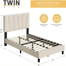 CuisinSmart Twin/Full/Queen/King Size Bed Frame With Headboard,Linen Upholstered Platform Bed With Adjustable Tufted Headboard,Strong Wooden Slats Supports,No Box Spring Required,Easy Assembly,Grey - 米色 - 查看 2