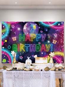 1 件 100*150 厘米霓虹荧光旗风格背景布，荧光球生日快乐横幅派对房间墙壁派对装饰背景布横幅，复古迪斯科派对背景围栏装饰，摄影道具