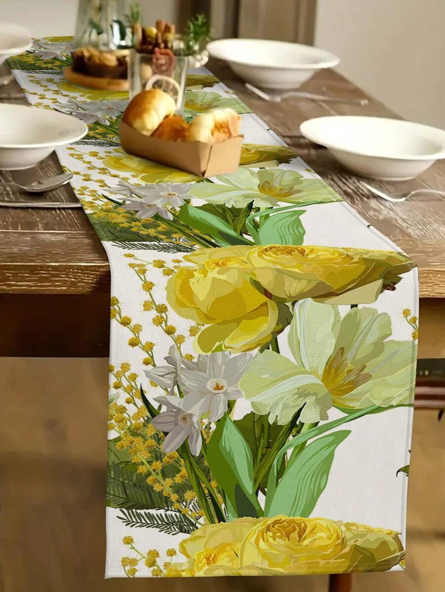1 pieza Camino de mesa con estampado floral de primavera, decoración de flores vintage de primavera/verano para el hogar, cocina y comedor, decoración floral de granja de temporada, suministros para fiestas en interiores y exteriores, adecuado para restaurantes y cafeterías - Multicolor - Ver 1