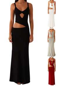 Women Summer Slim Fit Slip Dress, Sleeveless V-Neck Backless Hollowed Swing Dress  Long Dress For Cocktail Party - Black - View 2