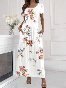 Maxi Dress For Women Short Sleeve Casual Summer Loose Plain Comfy Long Dresses With Pockets - trắng - Xem 3