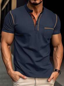 Simple Polo T-Shirt For Men, Fitted Sports Polo Shirt With Buttons, Breathable Casual Sports Polo Tee, European & American Ins Style For Summer - Navy Blue - View 1