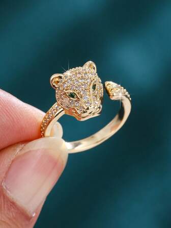 1pc European & American Fierce Leopard Head Open Ring, 18K Gold Plated Copper Inlaid Zirconia Jewelry