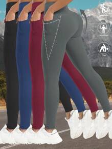 Summer Workout 4 Pairs Women High Waist Tights With Pockets, Yoga Sports Leggings, Activewear Bottom, Pink, Daily Casual