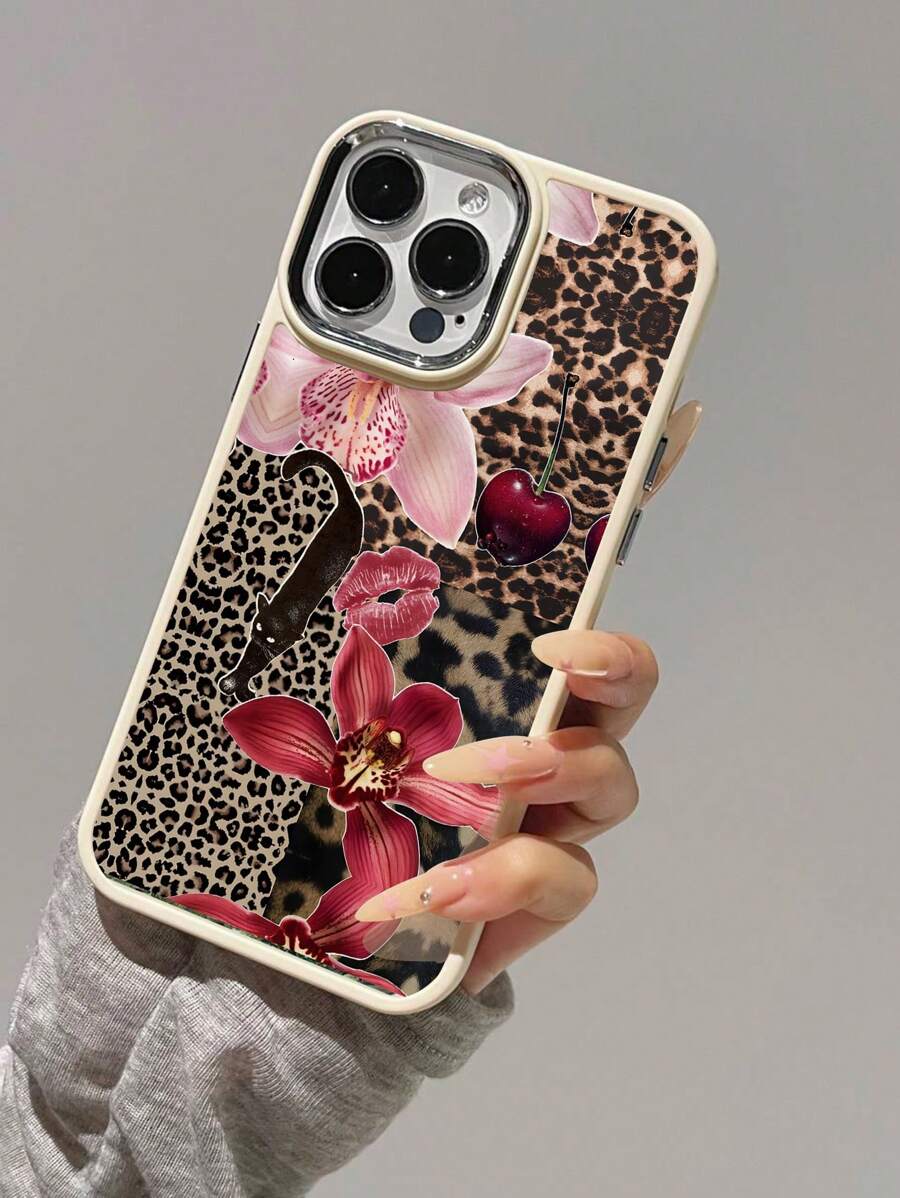 1pc Leopard Print And Floral Lip Imprint Pattern Matte Texture Metallic Electroplated Camera And Electroplated Button Covered Phone Case Compatible With Iphone 16/16Plus/16Pro/16ProMax - Multicolor - View 1